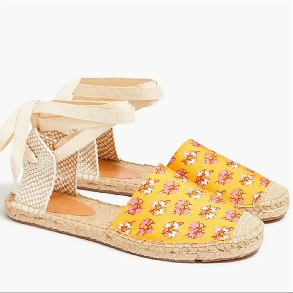 J. Crew Orange Pink Floral Canvas Ankle Wrap Espadrilles Size 7 Jute Rope Flats